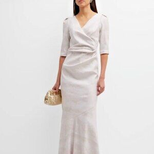 Rickie Freeman for Teri Jon Ruched Elbow-Sleeve Stretch Jacquard Gown 6 NWT $710